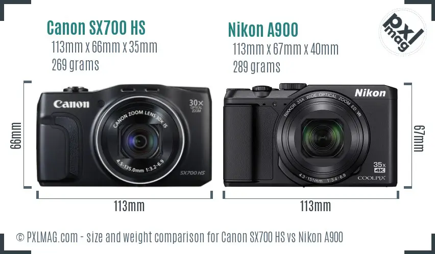 Canon SX700 HS vs Nikon A900 size comparison