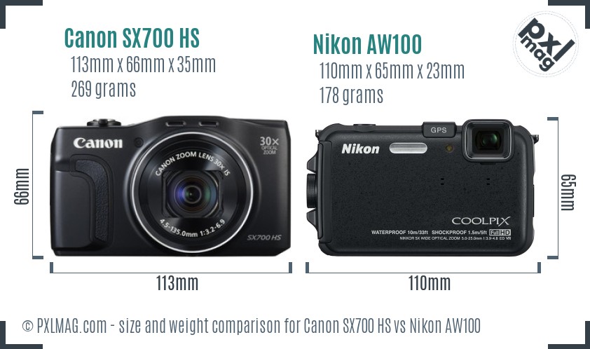 Canon SX700 HS vs Nikon AW100 size comparison Canon SX700 HS vs Nikon AW100 size comparison