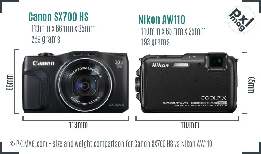 Canon SX700 HS vs Nikon AW110 size comparison