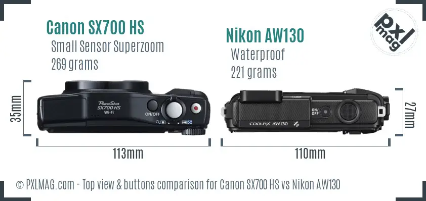 Canon SX700 HS vs Nikon AW130 top view buttons comparison Canon SX700 HS vs Nikon AW130 top view buttons comparison