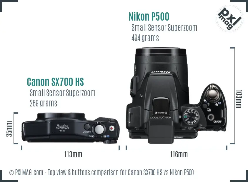 Canon SX700 HS vs Nikon P500 top view buttons comparison