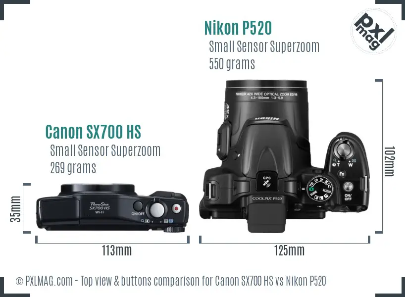 Canon SX700 HS vs Nikon P520 top view buttons comparison Canon SX700 HS vs Nikon P520 top view buttons comparison