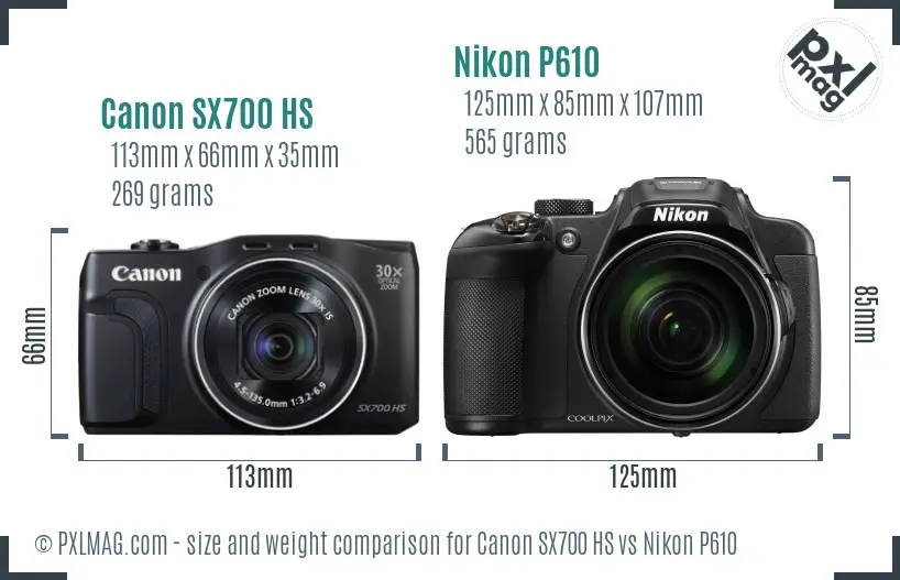 Canon SX700 HS vs Nikon P610 size comparison