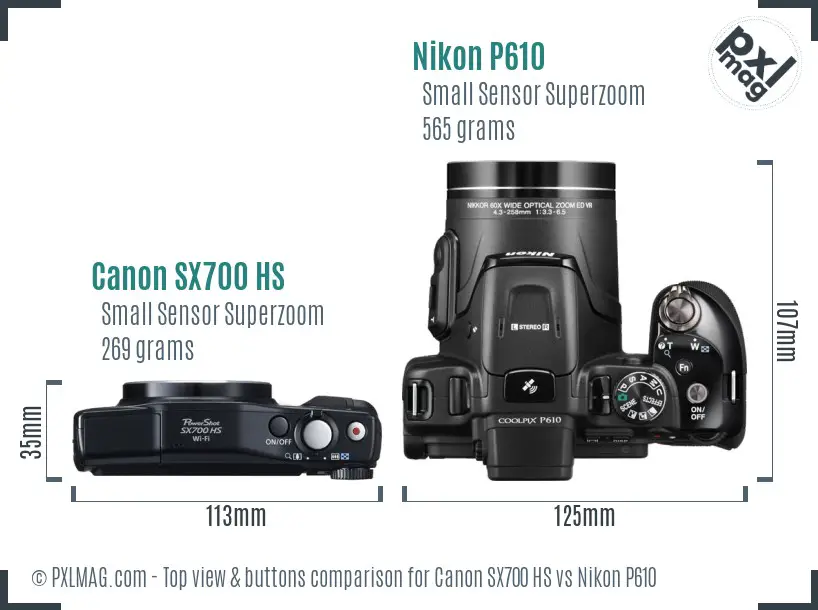 Canon SX700 HS vs Nikon P610 top view buttons comparison