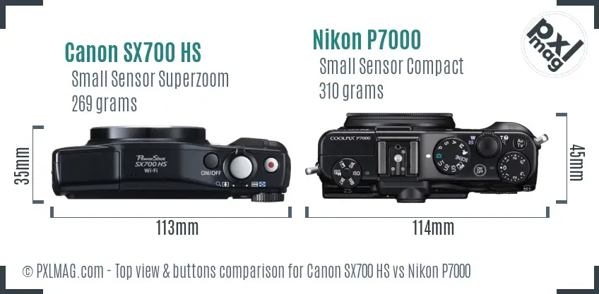 Canon SX700 HS vs Nikon P7000 top view buttons comparison
