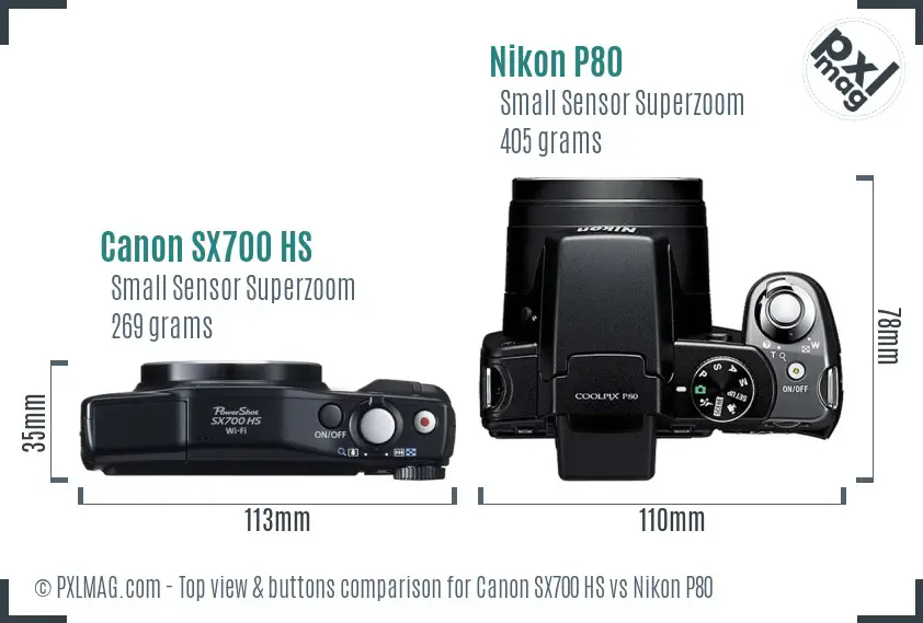 Canon SX700 HS vs Nikon P80 top view buttons comparison