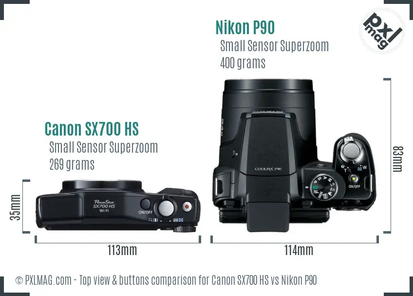 Canon SX700 HS vs Nikon P90 top view buttons comparison Canon SX700 HS vs Nikon P90 top view buttons comparison