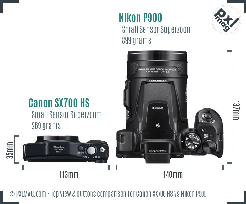 Canon SX700 HS vs Nikon P900 top view buttons comparison Canon SX700 HS vs Nikon P900 top view buttons comparison