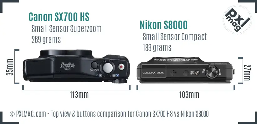 Canon SX700 HS vs Nikon S8000 top view buttons comparison Canon SX700 HS vs Nikon S8000 top view buttons comparison