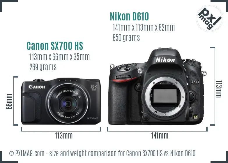 Canon SX700 HS vs Nikon D610 size comparison