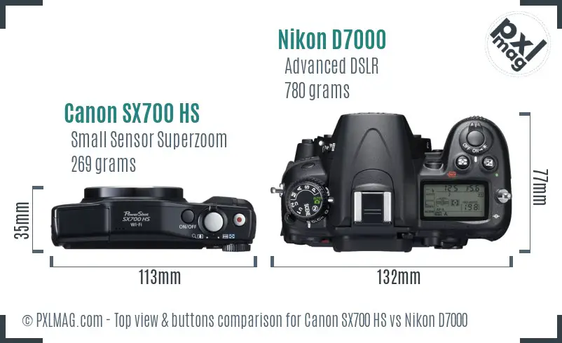 Canon SX700 HS vs Nikon D7000 top view buttons comparison