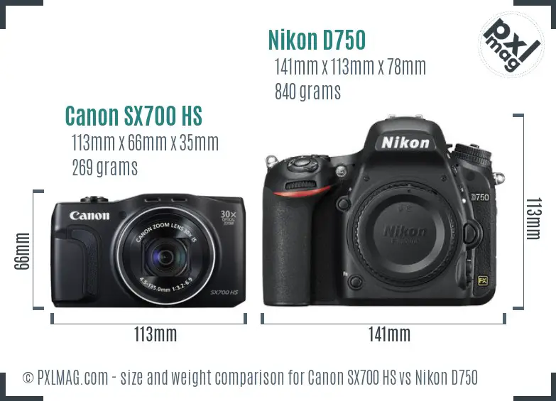 Canon SX700 HS vs Nikon D750 size comparison