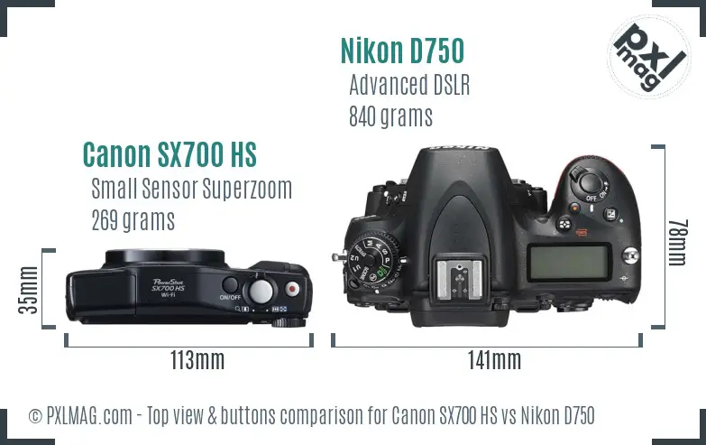 Canon SX700 HS vs Nikon D750 top view buttons comparison