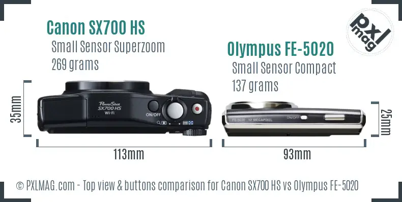 Canon SX700 HS vs Olympus FE-5020 top view buttons comparison Canon SX700 HS vs Olympus FE-5020 top view buttons comparison