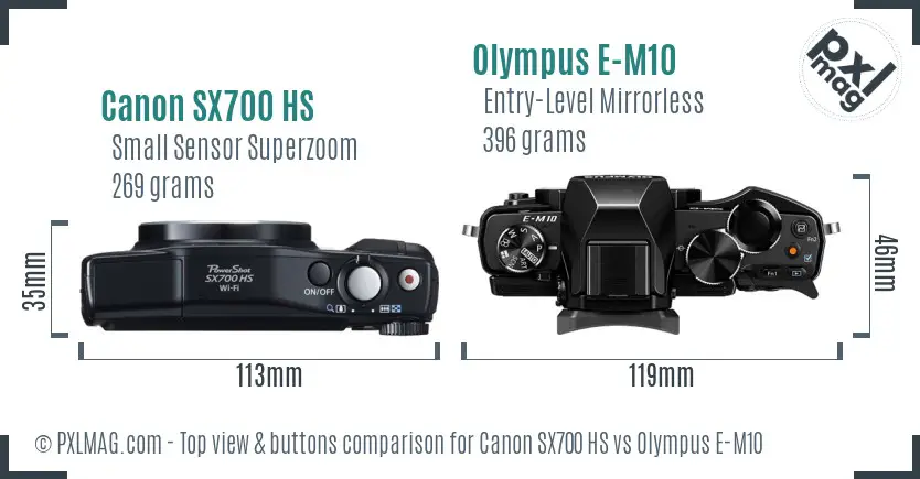 Canon SX700 HS vs Olympus E-M10 top view buttons comparison