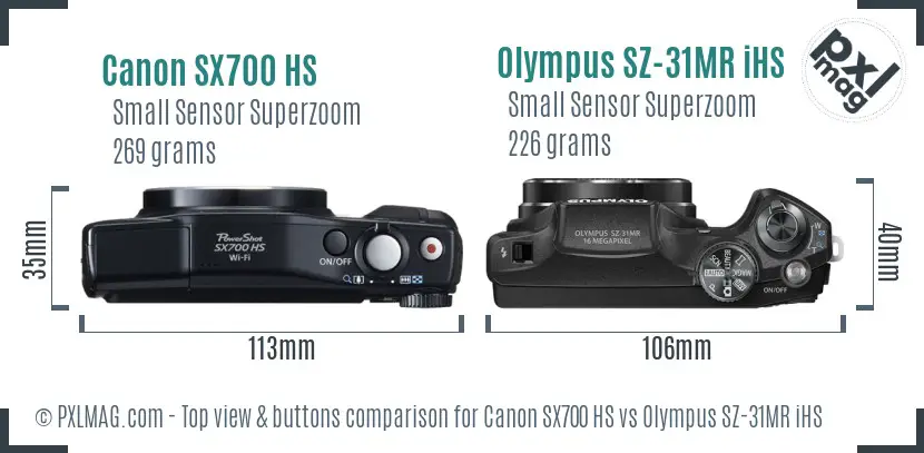 Canon SX700 HS vs Olympus SZ-31MR iHS top view buttons comparison Canon SX700 HS vs Olympus SZ-31MR iHS top view buttons comparison