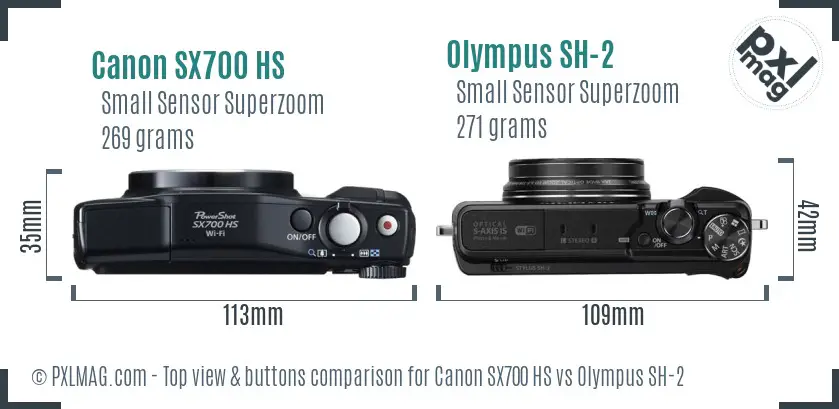 Canon SX700 HS vs Olympus SH-2 top view buttons comparison Canon SX700 HS vs Olympus SH-2 top view buttons comparison