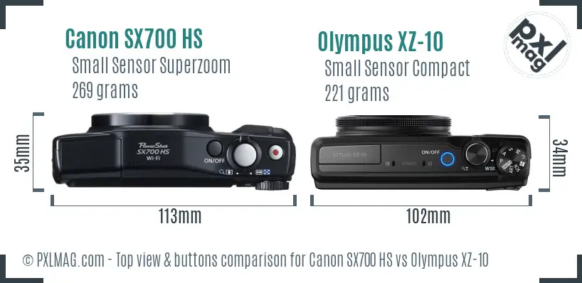 Canon SX700 HS vs Olympus XZ-10 top view buttons comparison Canon SX700 HS vs Olympus XZ-10 top view buttons comparison