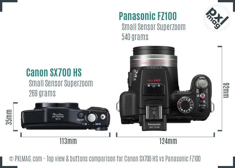 Canon SX700 HS vs Panasonic FZ100 top view buttons comparison Canon SX700 HS vs Panasonic FZ100 top view buttons comparison