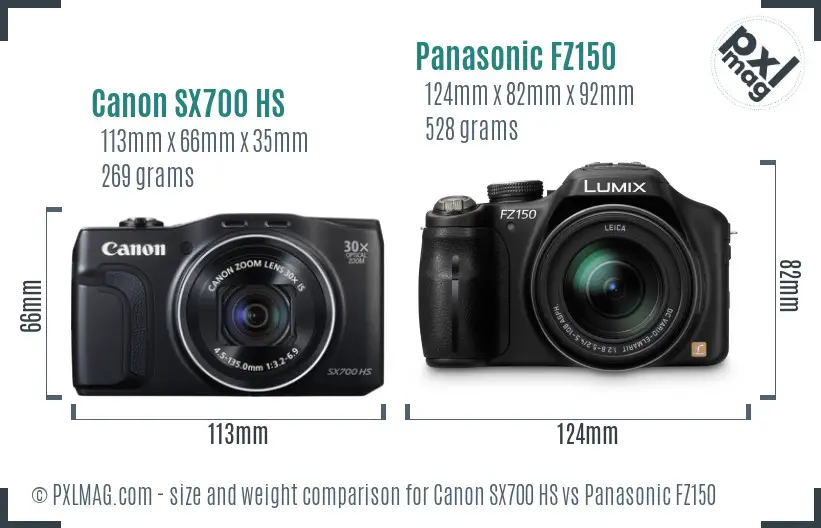 Canon SX700 HS vs Panasonic FZ150 size comparison