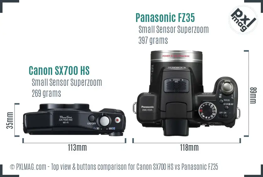 Canon SX700 HS vs Panasonic FZ35 top view buttons comparison Canon SX700 HS vs Panasonic FZ35 top view buttons comparison