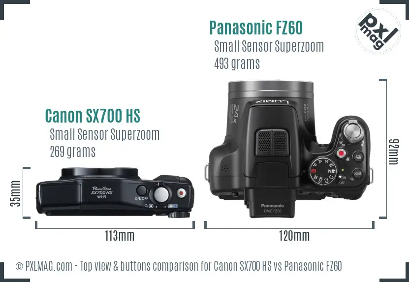 Canon SX700 HS vs Panasonic FZ60 top view buttons comparison Canon SX700 HS vs Panasonic FZ60 top view buttons comparison