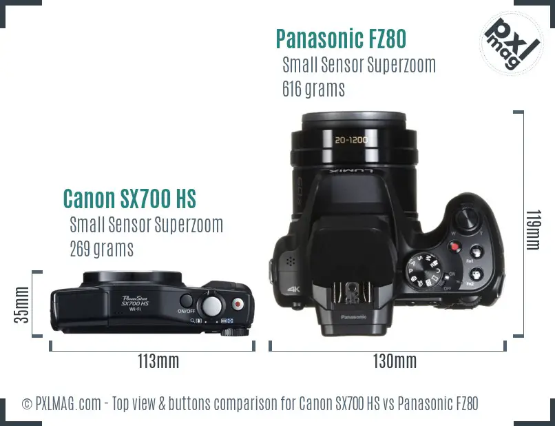 Canon SX700 HS vs Panasonic FZ80 top view buttons comparison Canon SX700 HS vs Panasonic FZ80 top view buttons comparison