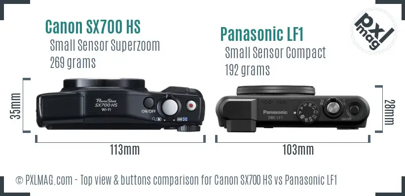 Canon SX700 HS vs Panasonic LF1 top view buttons comparison Canon SX700 HS vs Panasonic LF1 top view buttons comparison
