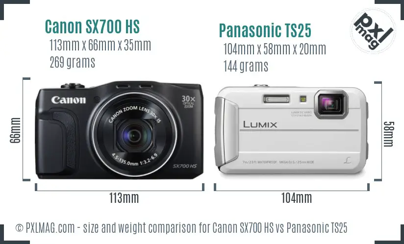 Canon SX700 HS vs Panasonic TS25 size comparison