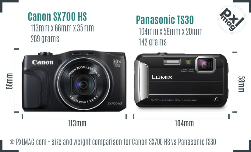 Canon SX700 HS vs Panasonic TS30 size comparison