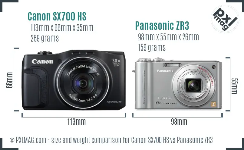 Canon SX700 HS vs Panasonic ZR3 size comparison