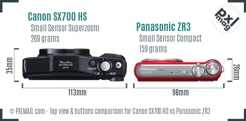 Canon SX700 HS vs Panasonic ZR3 top view buttons comparison