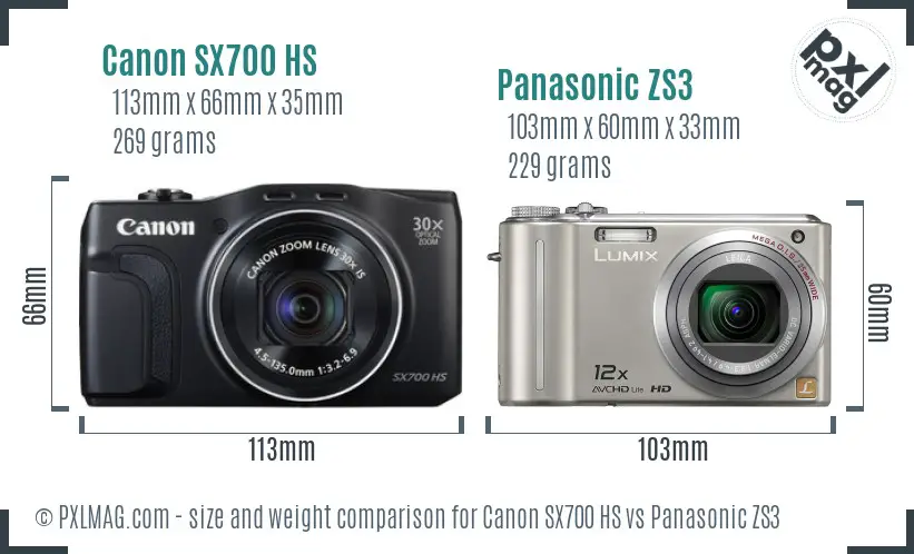 Canon SX700 HS vs Panasonic ZS3 size comparison