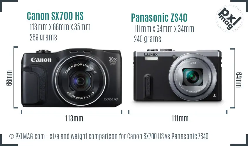 Canon SX700 HS vs Panasonic ZS40 size comparison