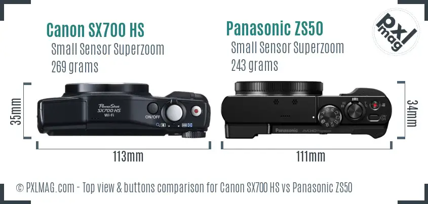 Canon SX700 HS vs Panasonic ZS50 top view buttons comparison Canon SX700 HS vs Panasonic ZS50 top view buttons comparison