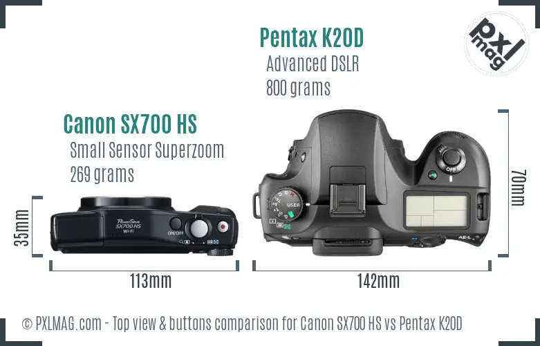 Canon SX700 HS vs Pentax K20D top view buttons comparison