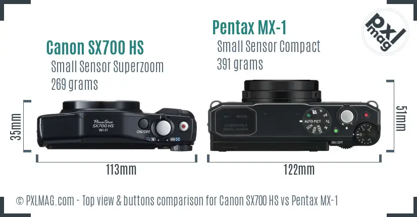 Canon SX700 HS vs Pentax MX-1 top view buttons comparison