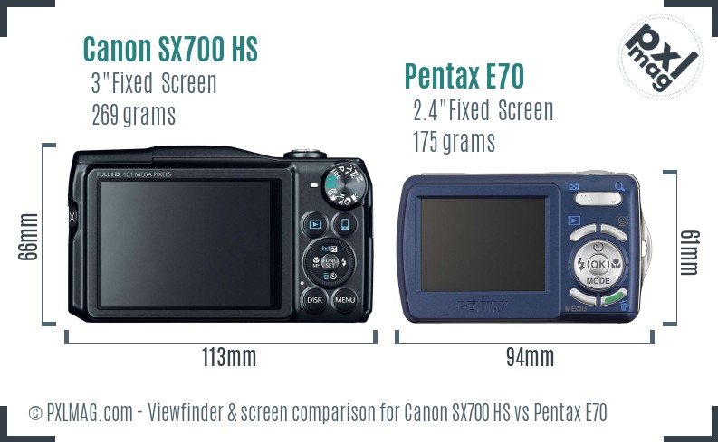 Canon SX700 HS vs Pentax E70 Screen and Viewfinder comparison