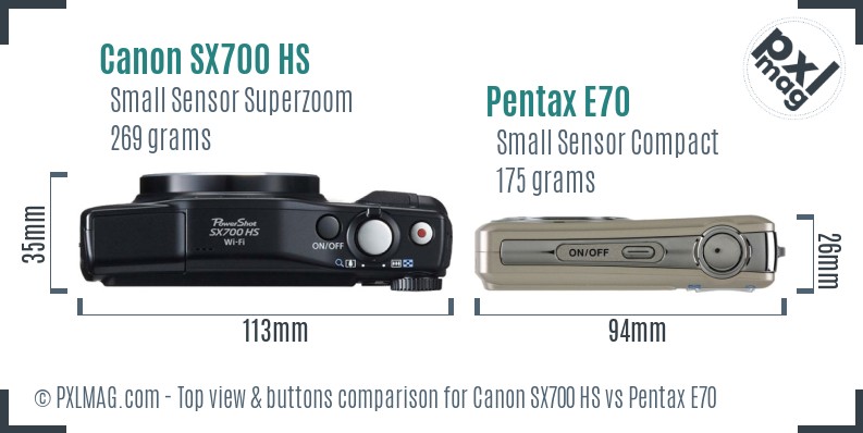 Canon SX700 HS vs Pentax E70 top view buttons comparison