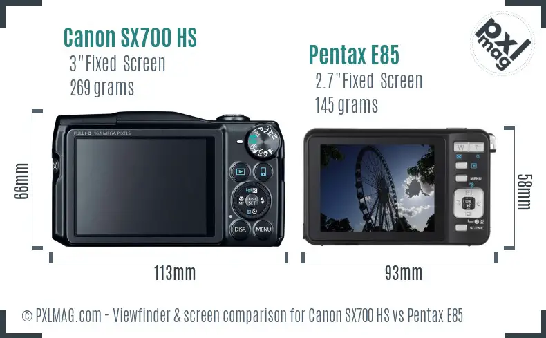 Canon SX700 HS vs Pentax E85 Screen and Viewfinder comparison