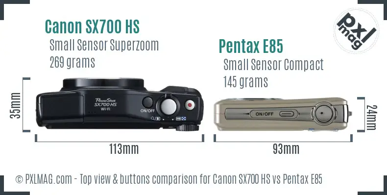 Canon SX700 HS vs Pentax E85 top view buttons comparison