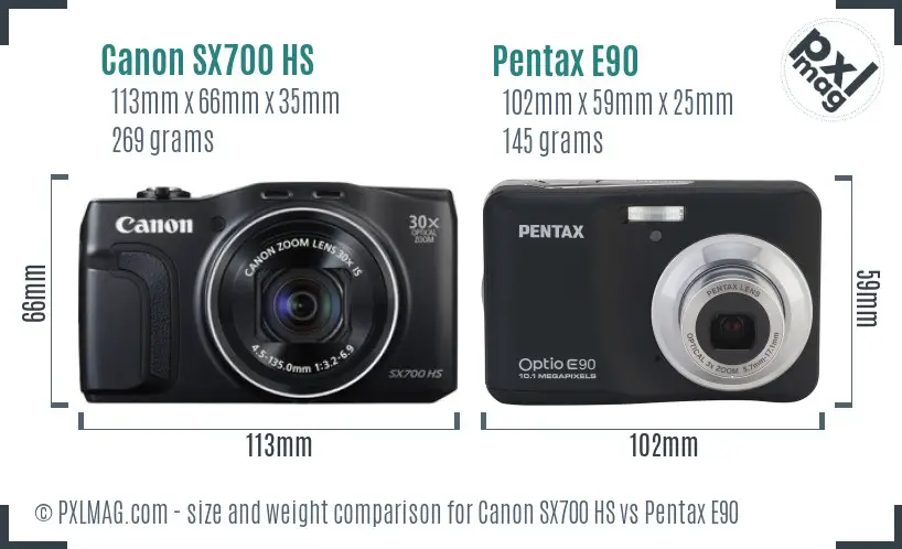 Canon SX700 HS vs Pentax E90 size comparison