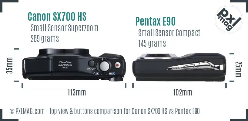 Canon SX700 HS vs Pentax E90 top view buttons comparison