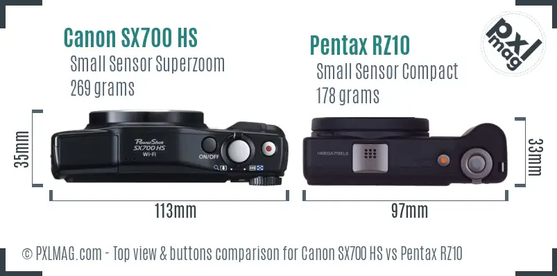 Canon SX700 HS vs Pentax RZ10 top view buttons comparison Canon SX700 HS vs Pentax RZ10 top view buttons comparison