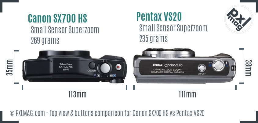 Canon SX700 HS vs Pentax VS20 top view buttons comparison