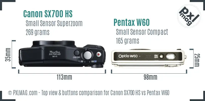 Canon SX700 HS vs Pentax W60 top view buttons comparison Canon SX700 HS vs Pentax W60 top view buttons comparison