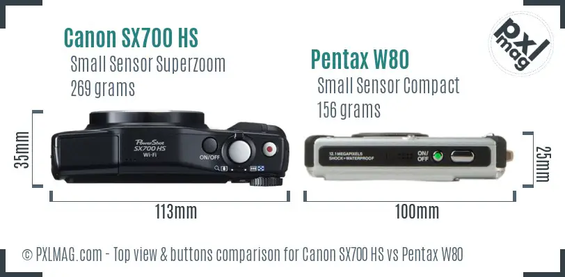 Canon SX700 HS vs Pentax W80 top view buttons comparison