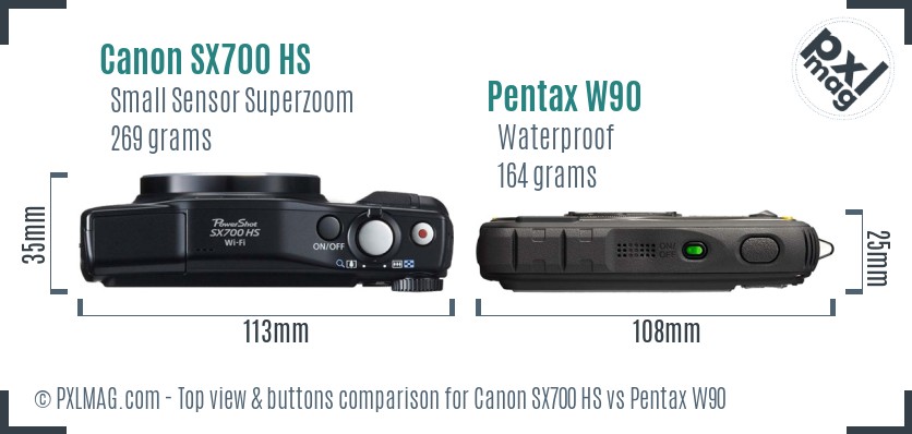 Canon SX700 HS vs Pentax W90 top view buttons comparison
