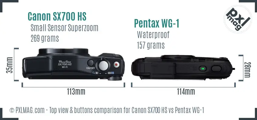 Canon SX700 HS vs Pentax WG-1 top view buttons comparison Canon SX700 HS vs Pentax WG-1 top view buttons comparison
