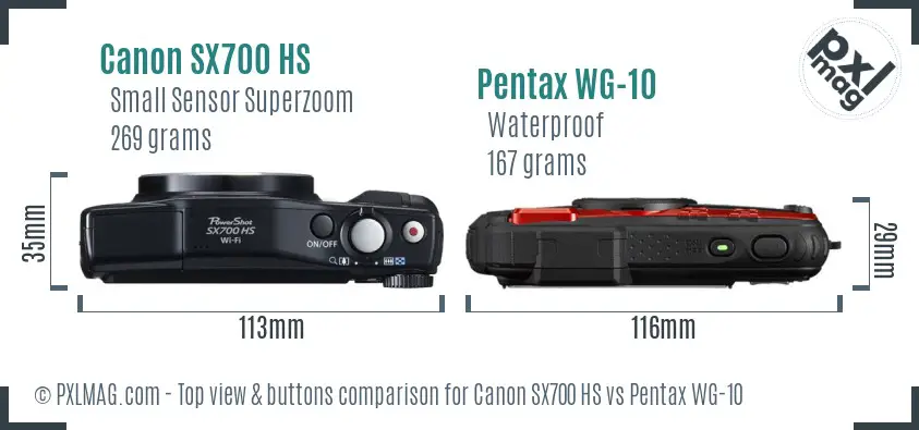 Canon SX700 HS vs Pentax WG-10 top view buttons comparison